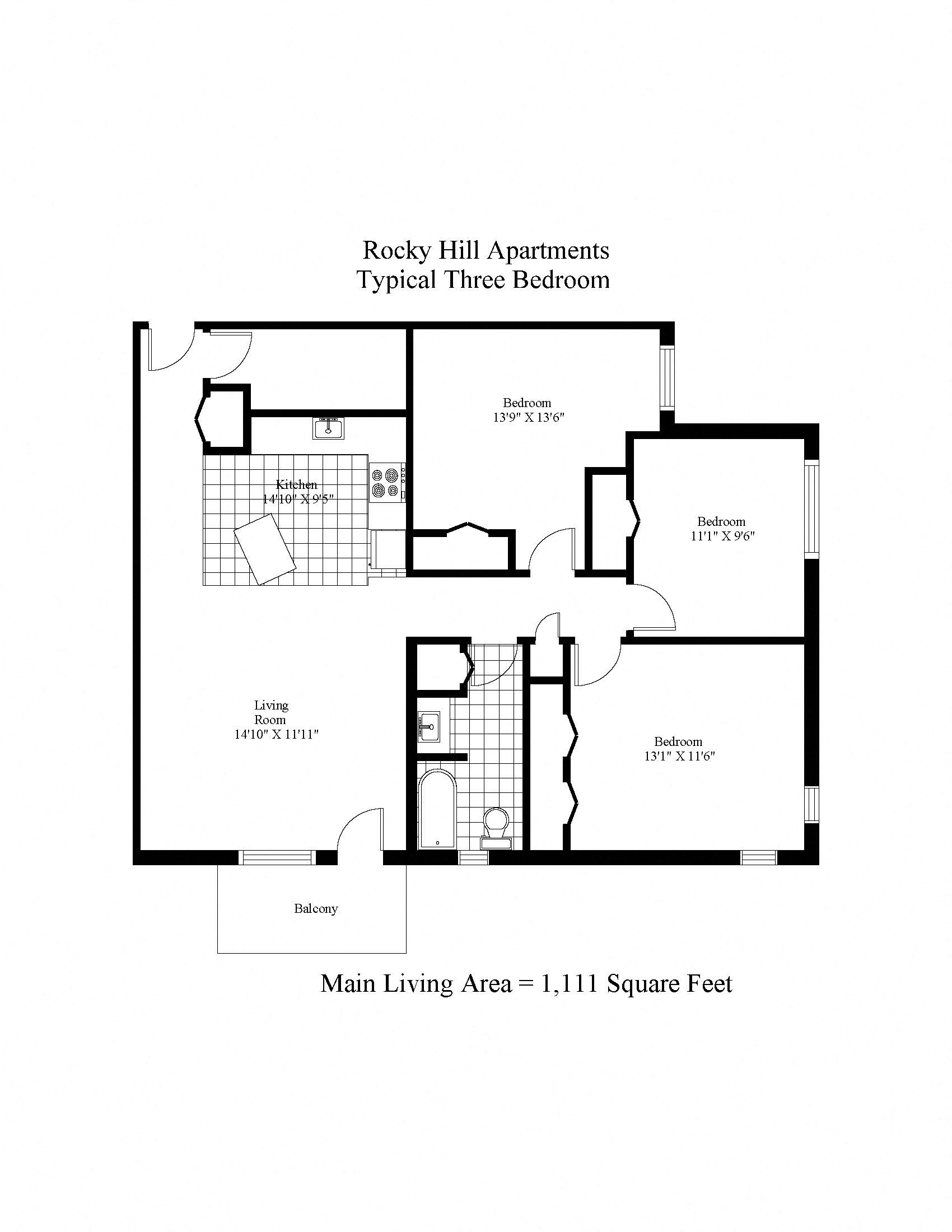 Floor plan for 3 beds, 1 bath, 1112 sqft